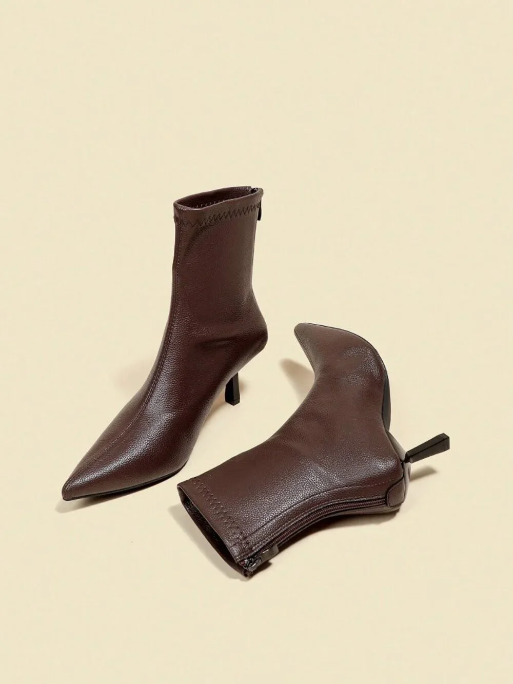 Brown Casual Women's Pointed Toe Elastic Mid Heel Ankle Boots